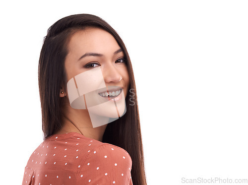 Image of Beautiful, young woman and smile for beauty profile or empowerment against a white studio background. Portrait of a isolated female smiling in happiness, vision or satisfaction on white background