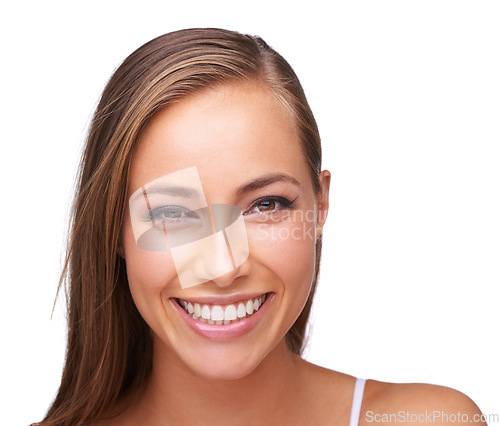 Image of Beauty, cosmetic and portrait of a woman in a studio with a makeup, face or natural routine. Skincare, cosmetics and happy female model from Brazil with a skin treatment isolated by white background.