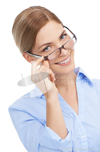 Image of Portrait, business and woman with glasses, smile and vision with female isolated on white studio background. Entrepreneur, lady and employee with spectacles, happiness or confident with clear sight