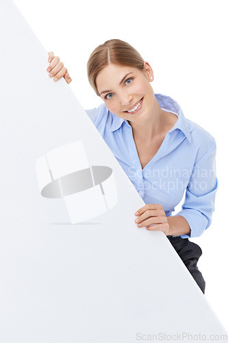 Image of Business woman, portrait and advertising poster space, billboard or mockup sign for branding banner. Happy female with brand announcement, product placement or marketing isolated on white background