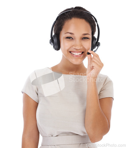 Image of Woman, studio portrait and call center headphones with smile, communication and white background. Isolated crm consultant, happy telemarketing and black woman for customer support, tech and success