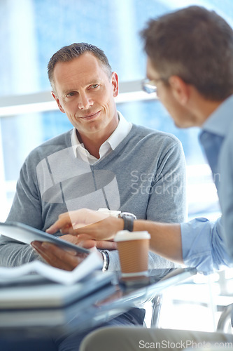 Image of Accountant, tablet or business man in airport for global invest strategy, finance growth or financial review. Teamwork or manager in lobby for social media, data analysis or economy research blog