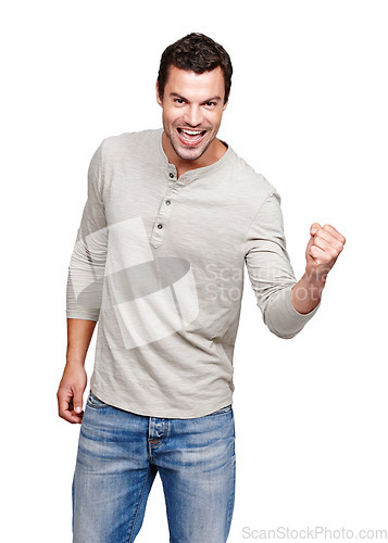 Image of Happy man, fist and celebration for winning, discount or goal against a white studio background. Portrait of isolated male model winner with smile celebrating win, sale or achievement on mockup