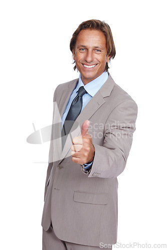 Image of Mature businessman, portrait or thumbs up hand on isolated white background for success, growth or finance motivation. Smile, happy or leadership and thumb, yes gesture or winner good luck on mock up