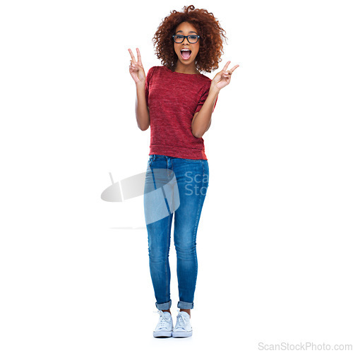 Image of Portrait, peace and hand sign with a black woman in studio isolated on a white background for social media. Comic, emoji and gesture with a happy young female posing on blank advertising space