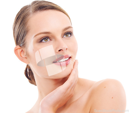 Image of Happy woman, face or beauty skincare and makeup cosmetics, dermatology self love or healthcare wellness routine. Zoom, model or hand on facial glow, healthy collagen or hairstyle on white background