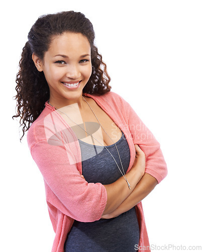 Image of Beauty, fashion and smile with portrait of black woman with arms crossed for style and happiness. Natural, lifestyle and confident model for motivation, smile and happy face on white background