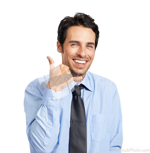 Image of Businessman, studio portrait and call me hand for consulting or vision on backdrop for networking. Corporate executive man, happy or call for work as financial advisor isolated by white background