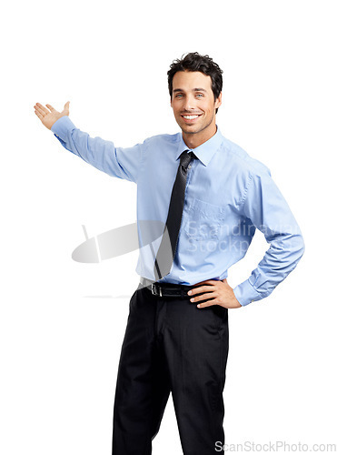 Image of Portrait, business and man with presentation, corporate and speaker isolated on white studio background. Male employee, presenter and entrepreneur with feedback, smile and communication on backdrop