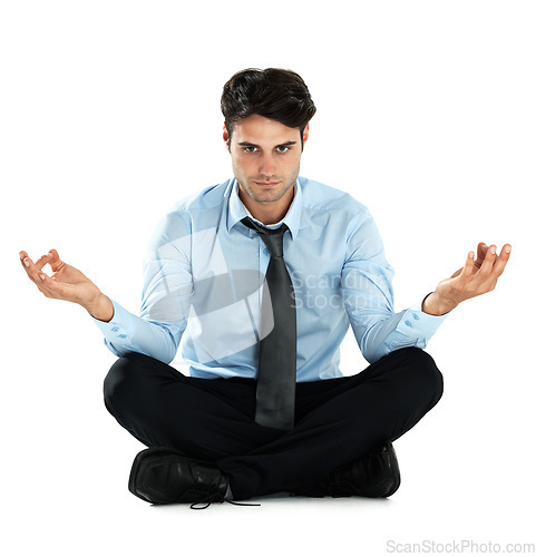 Image of Yoga meditation portrait, relax and businessman meditate for stress relief, spiritual mental health or chakra energy healing. Lotus, zen mindset peace or worker mindfulness on white background studio