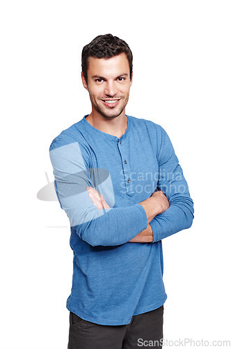 Image of Man, smile and studio portrait with arms crossed, fashion and happiness by white background. Young isolated model, happy and clothes with calm, relax and handsome with casual smiling for lifestyle