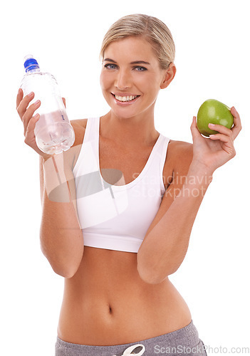 Image of Apple, water and health portrait of woman with fruit product to lose weight, diet or body detox for wellness lifestyle. Hydration bottle, nutritionist food and fitness girl on white background studio