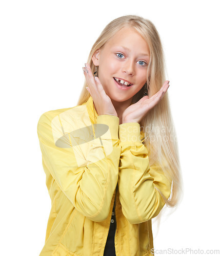 Image of Young girl, face and happy surprise hands for announcement, excited happiness and child portrait in white background studio. Teenager, wow and preteen hand frame facial smile for shocked vision