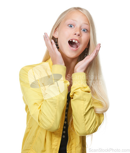 Image of Young girl, smile and surprised face portrait in studio for comic fun, excited news or playful mindset. Trendy kid, shocked facial expression and wow hands, crazy meme or funny teenager announcement