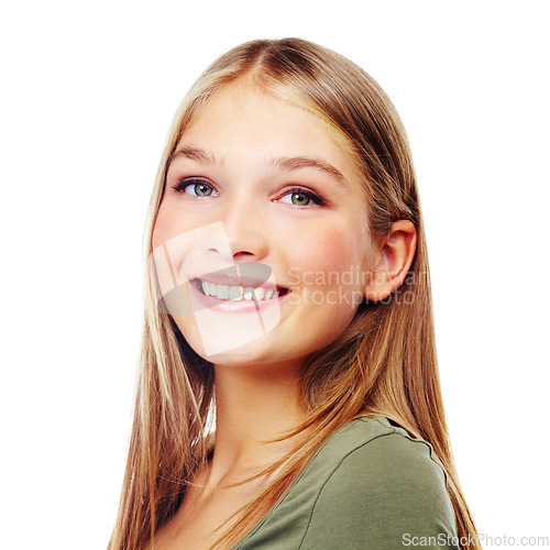 Image of Portrait, face and beauty with a female teen in studio on a white background to promote cosmetics. Makeup, model and smile with a happy young teenager inside for cosmetic product advertising