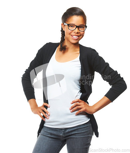 Image of Portrait, kids and fashion with an indian girl in studio isolated on a white background with a carefree attitude. Children, hands on hips and student with a young female child posing for style