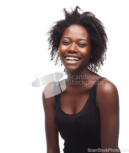 Image of Beauty hair care, face portrait and black woman in studio on a white background mock up. Skincare, makeup cosmetics and self love of female model with beautiful afro after salon treatment for growth.