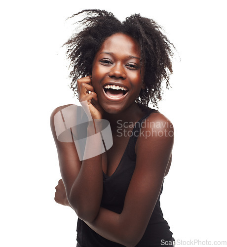 Image of Portrait, skincare and black woman with smile, wellness and healthcare for natural beauty, cosmetics and isolated on white studio background. Nigerian female, lady and happy with confidence or luxury