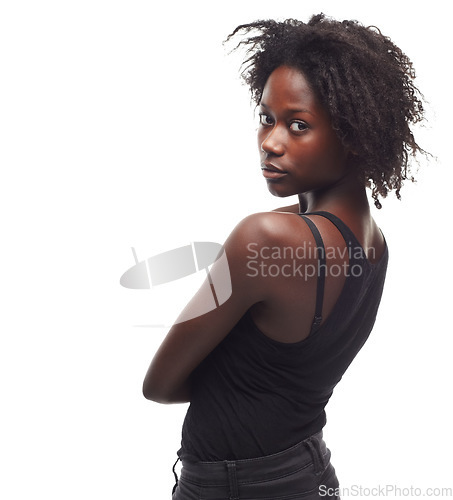 Image of Black woman, natural beauty and african model portrait with isolated white background. Fashion, woman and black women empowerment with a person from Jamaica feeling calm with studio mock up