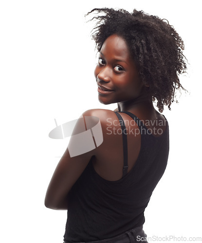 Image of Black woman, back and smile for happy profile beauty against a white studio background. Portrait of a beautiful isolated young African American woman expressing positivity on a white background
