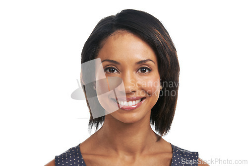 Image of Beauty, studio and portrait of black woman on a white background for cosmetics, healthy skin and fashion. Natural lifestyle, happy and face headshot of lady with big smile, confidence and makeup