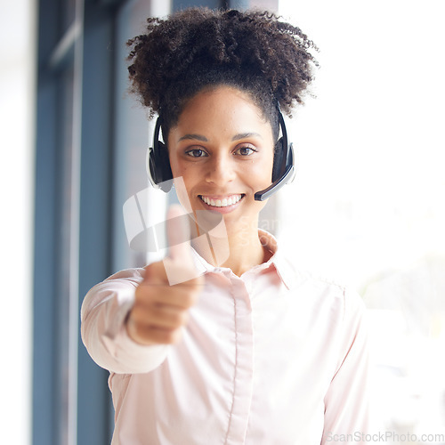 Image of Thumbs up, call center and woman in business portrait success for telemarketing sales, goals and target with like or yes. Contact us, thank you hand sign and customer service or online support agent