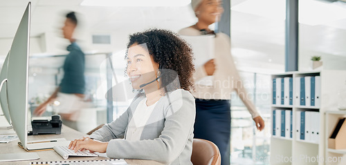 Image of Black woman, call center and computer with CRM and contact us, phone call with customer service or telemarketing. Tech support, technology and office with communication and contact center employee.