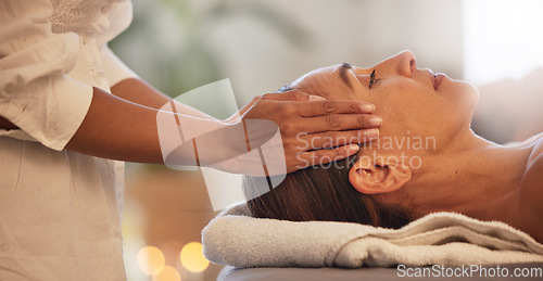 Image of Woman, relax and hands for scalp massage in salon beauty spa for skincare wellness, stress relief and zen body care. Healing therapy, therapist and physical therapy, head or luxury facial dermatology