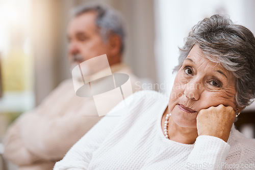 Image of Senior couple, stress and depressed together on home living room couch thinking about divorce, retirement and financial problem or crisis. Old man and woman with conflict in marriage after fight