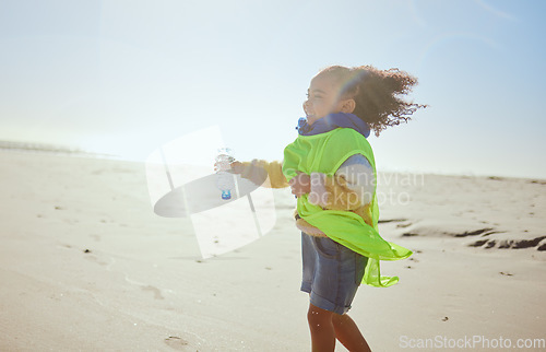 Image of Plastic, beach and child recycling for earth day, planet or climate change education, learning and volunteering support for nonprofit. Recycle, environment and girl or kid with bottle for pollution