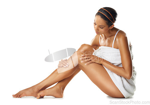 Image of Body, legs and skincare woman on studio floor for spa beauty, cellulite treatment or cosmetics marketing mockup. Dermatology, aesthetic and woman model with hair removal results for advertising