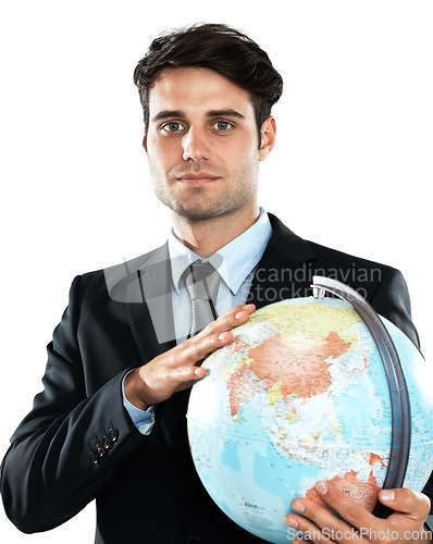 Image of Global, business and man holding earth in studio portrait, international sustainability industry isolated on white background. worldwide work and corporate logistics businessman with planet in hands.