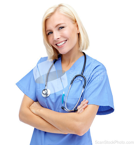 Image of Woman, doctor and smile with arms crossed and stethoscope for healthcare against a white studio background. Portrait of a isolated female medical professional standing and smiling on white background