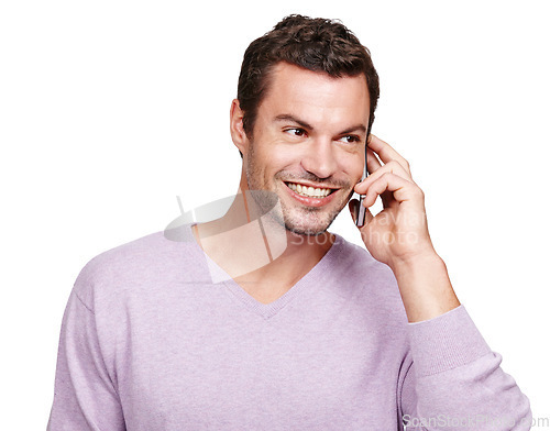 Image of Phone, mobile call and man with smile and contact online talking on technology with white background. Isolated, happiness and conversation of a person on a mobile phone speaking with mock up