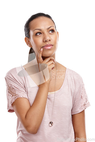 Image of Woman, face and thinking with inspiration for idea in studio, mindset and motivation isolated on white background. Thoughtful, emoji and facial expression, young female and woman thinking of solution