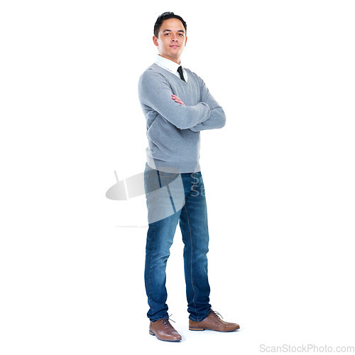 Image of Corporate, fashion and business man on a white background for leadership, motivation and career. Professional worker, success and isolated male entrepreneur with crossed arms for confident attitude