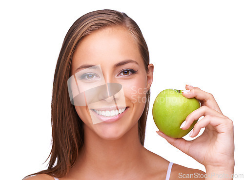 Image of Apple, wellness and portrait of woman on a white background for healthy lifestyle, cosmetics and wellbeing. Diet, digestion and face of girl with fruit for organic products, vitamins and nutrition