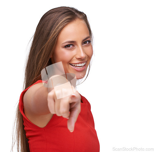 Image of Choice, smile and portrait of a woman pointing on a white background isolated in a studio. Excited, happy and hand of a girl model with a finger gesture for a decision on a studio background