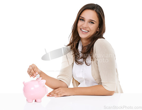 Image of Money bank, savings and portrait of woman happy about saving, banking and investment for future. Female with a smile isolated on a white background for budget, security and coins in pig container