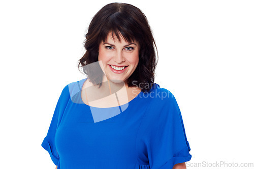 Image of Happy, smile and portrait of a woman in a studio with a casual outfit, confidence and positive mindset. Happiness, face and natural female model with stylish clothes isolated by a white background.