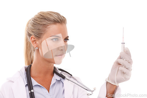 Image of Woman doctor, healthcare and syringe for a injection on a white background for health and wellness. Face of a female medical worker with medicine, drugs or vaccine shot mockup in hand in studio