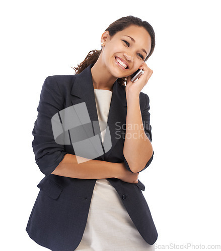 Image of Business, black woman and phone call for communication, connection and female isolated on white studio background. African American girl, ceo or lady with smartphone, talking or conversation for deal