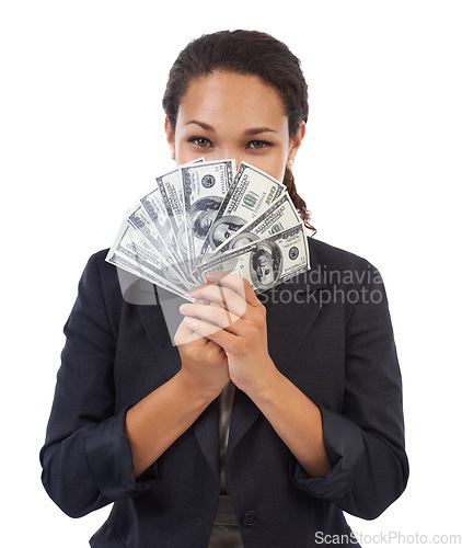 Image of Business black woman, cash with money and dollar in portrait, wealth and corporate finance isolated on white background. Financial company, funding with savings, invest and banking with bonus reward