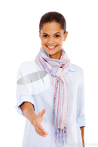 Image of Portrait, handshake and welcome with a black woman in studio isolated on a white background during a meeting. Deal, support and hiring with a young female offering a hand shake on blank space