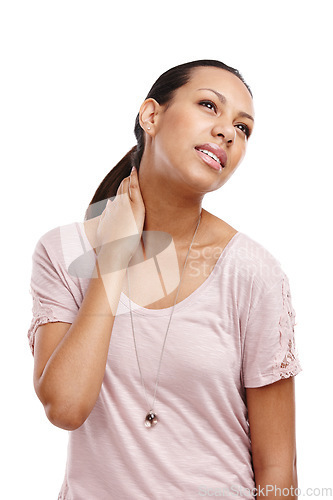 Image of Stress, uncomfortable and model in studio with neck pain, injury or accident for medical emergency. Painful, hurt and girl from Mexico with muscle sprain, sore or tension isolated by white background