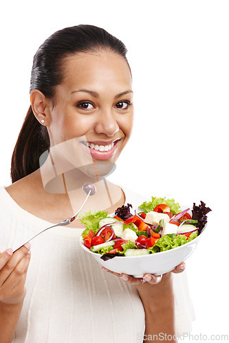 Image of Black woman, eating vegetable salad and happy for diet nutrition, breakfast health and vegan isolated in white background studio. African girl, smile portrait and healthy food meal or lettuce lunch