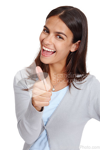 Image of Hand, thumbs up emoji and portrait of a woman in studio for winning, success and thank you. Happy female with yes, vote and like sign for deal, sale or discount isolated on a white background