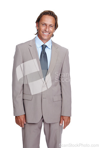 Image of Businessman, portrait and corporate ceo with success and leadership, executive isolated against white background. Business man, management and motivation with vision, goals and professional mockup