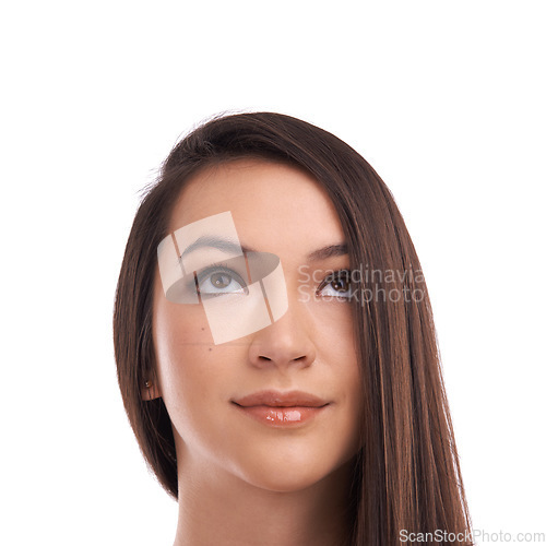 Image of Face, mockup and idea with a woman in studio isolated on a white background to promote product placement. Marketing, mock up and space with an attractive young female on blank space for advertising