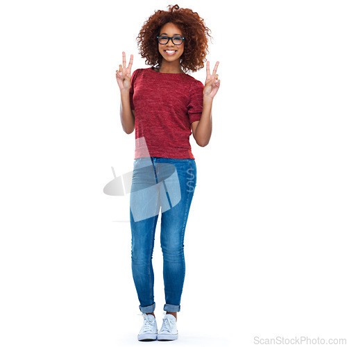 Image of Portrait, peace sign and emoji with a black woman in studio isolated on a white background with a hand gesture. Comic, social media and a happy young female posing on blank advertising space